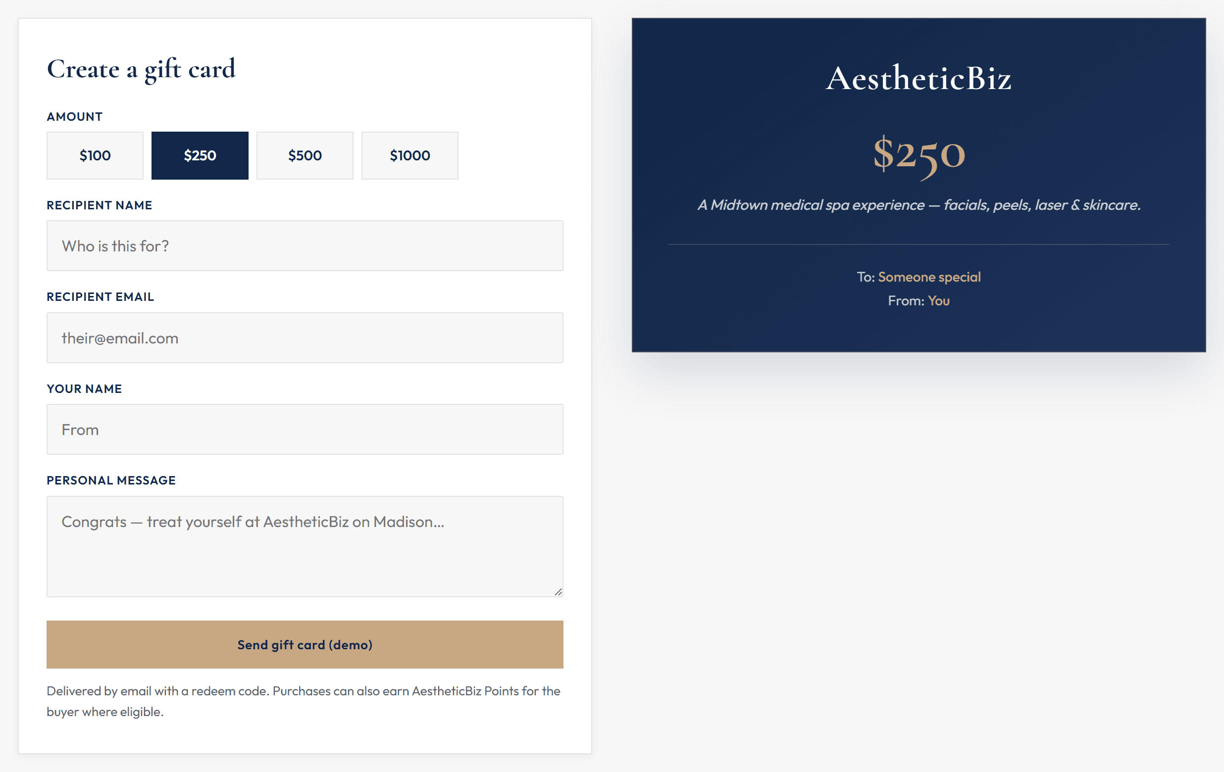Gift voucher purchase form with US$100, 250, 500 and 1,000 options beside a live preview of the voucher