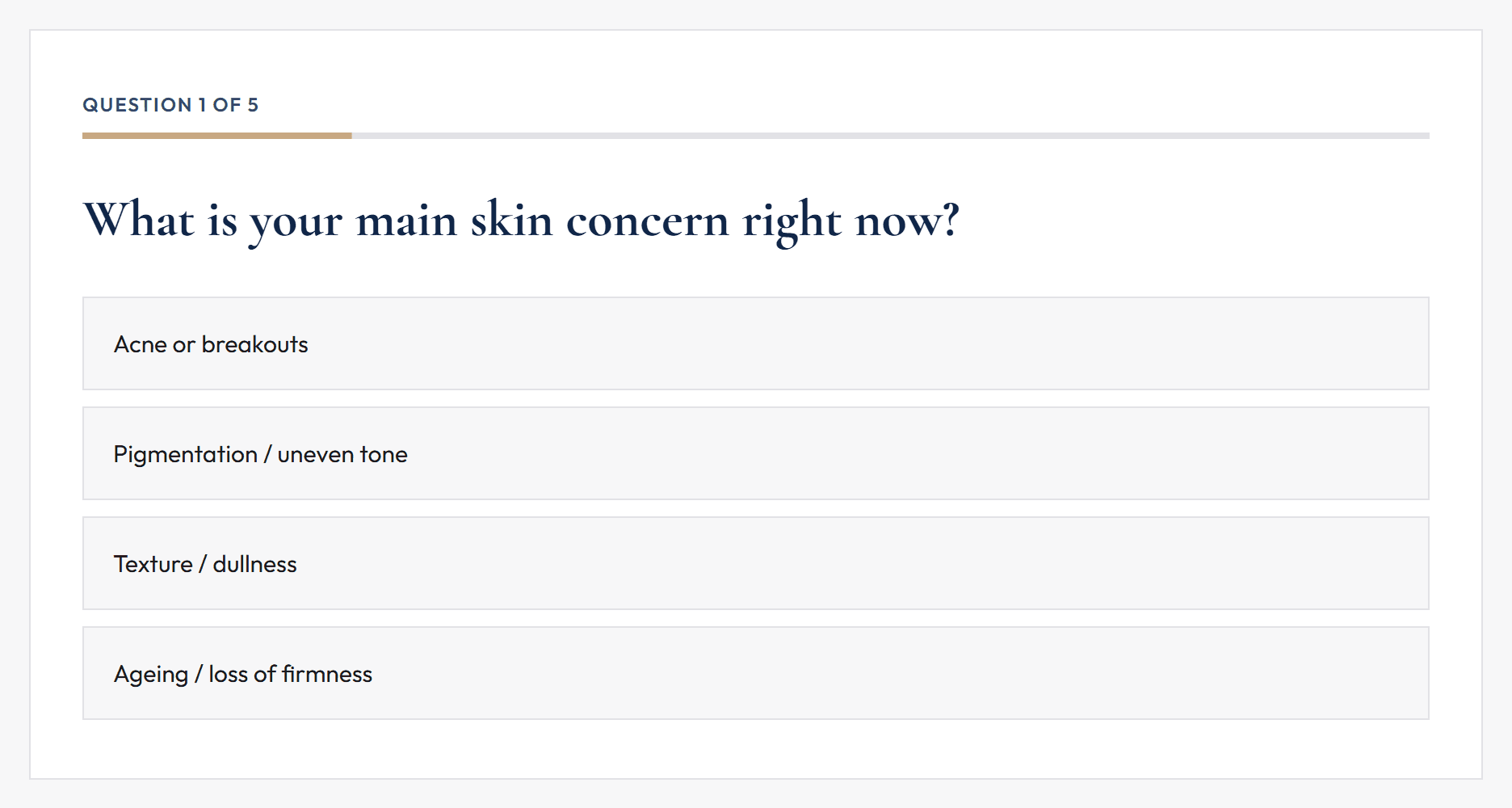 The Skin Assessment asking one question at a time with a progress bar