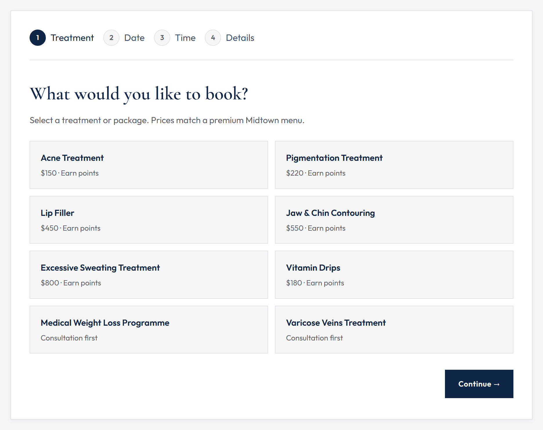 The booking wizard, showing treatment selection on the practice's own branded page