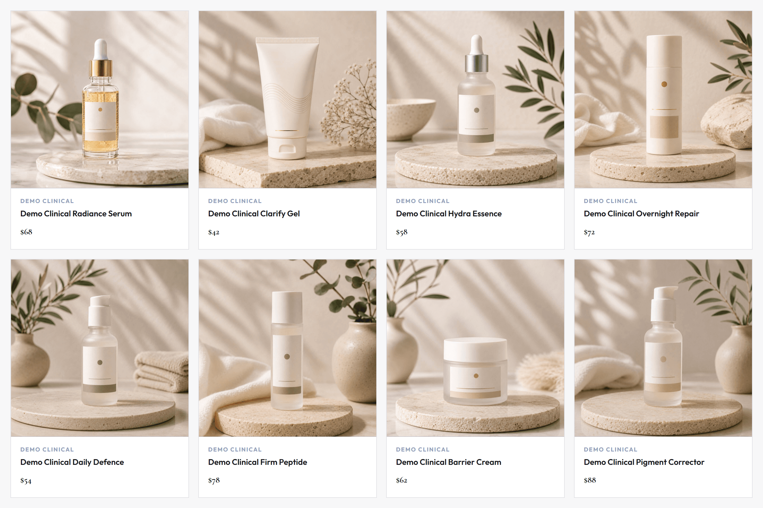 The shop showing clinical skincare products with pricing