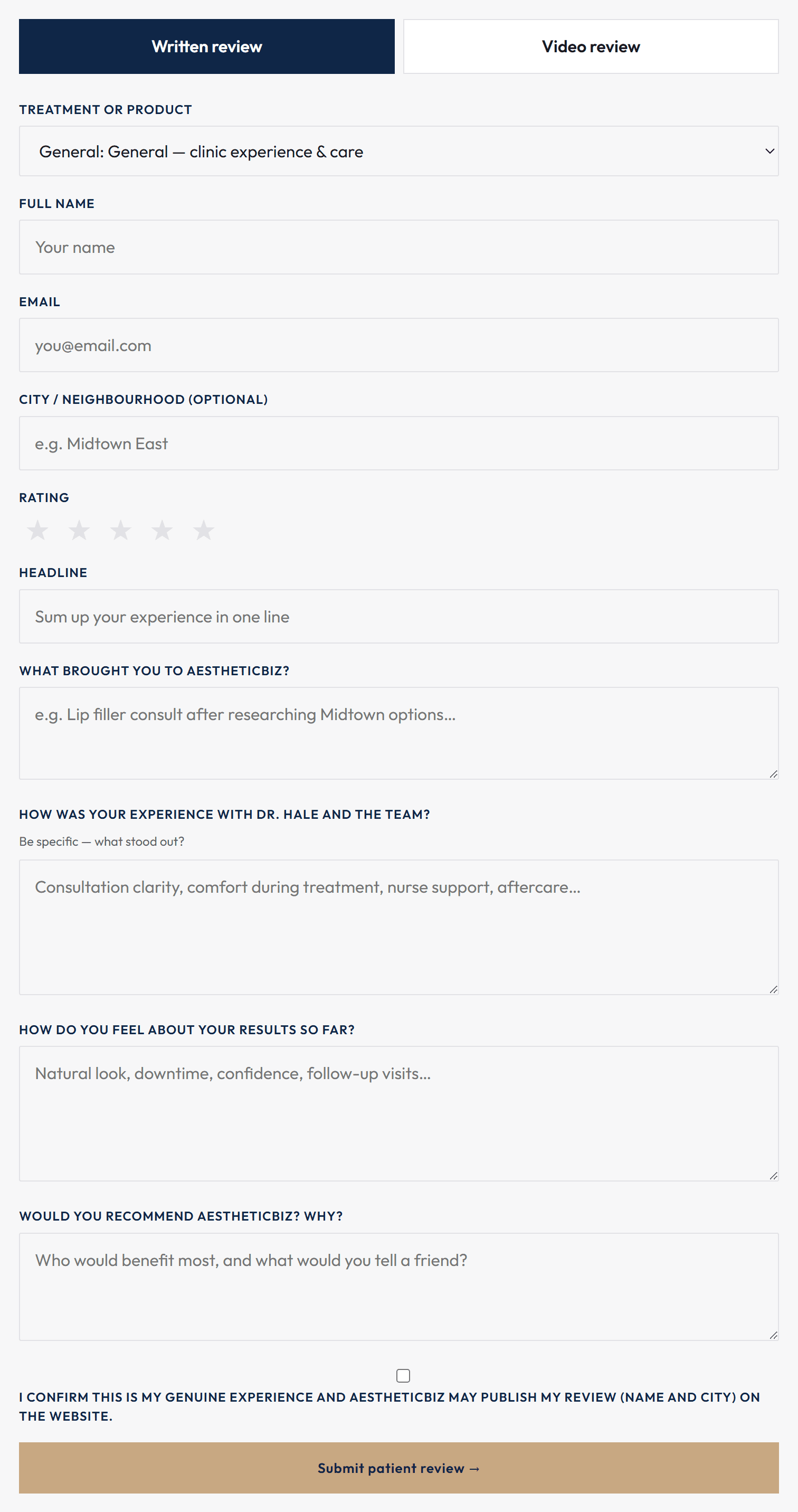 Review submission form with tabs for writing a review or recording one on video